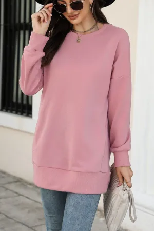 Low Profile Seaming Ribbed Collar Design WOMEN CREW NECK LONG LENGTH PULLOVER TOP