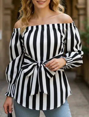 Loose off-the-shoulder asymmetrical striped shirt WrinkleFree Weaving Stretch Fit