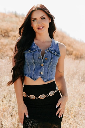 Downhome Darling Sleeveless Denim Vest (Blue Haze) Flatlock Seam Technology