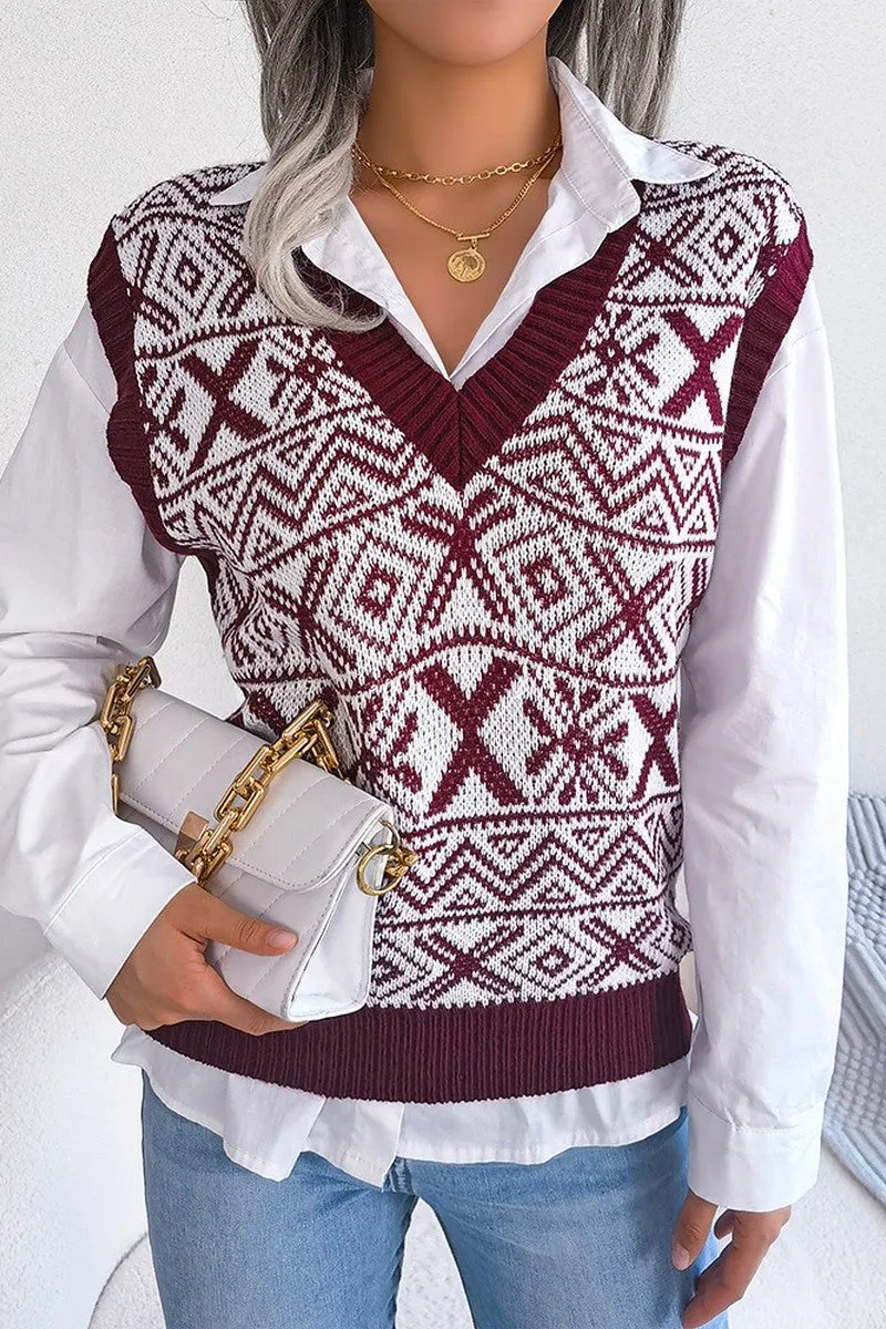 Ultraviolet Protection Finish Smooth Stitching WOMEN X MAS PATTERN LOOSE FIT RIBBED SWEAT VEST