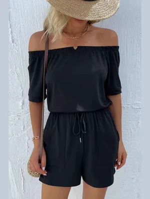OFF SHOUDER SIMPLE WAIST STRAP ROMPER RecycledPolyester Lightweight Weave Material