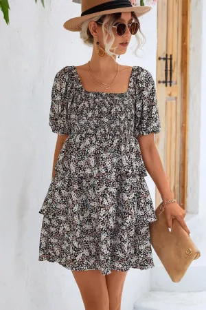 OFF SHOULDER SQUARE NECK FLORAL TIERED DRESS Brunch Tone Seamless Finish