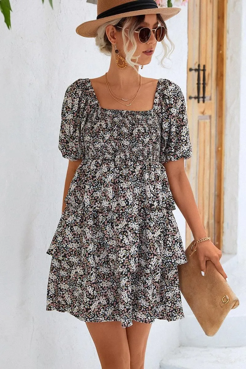 OFF SHOULDER SQUARE NECK FLORAL TIERED DRESS monochrome