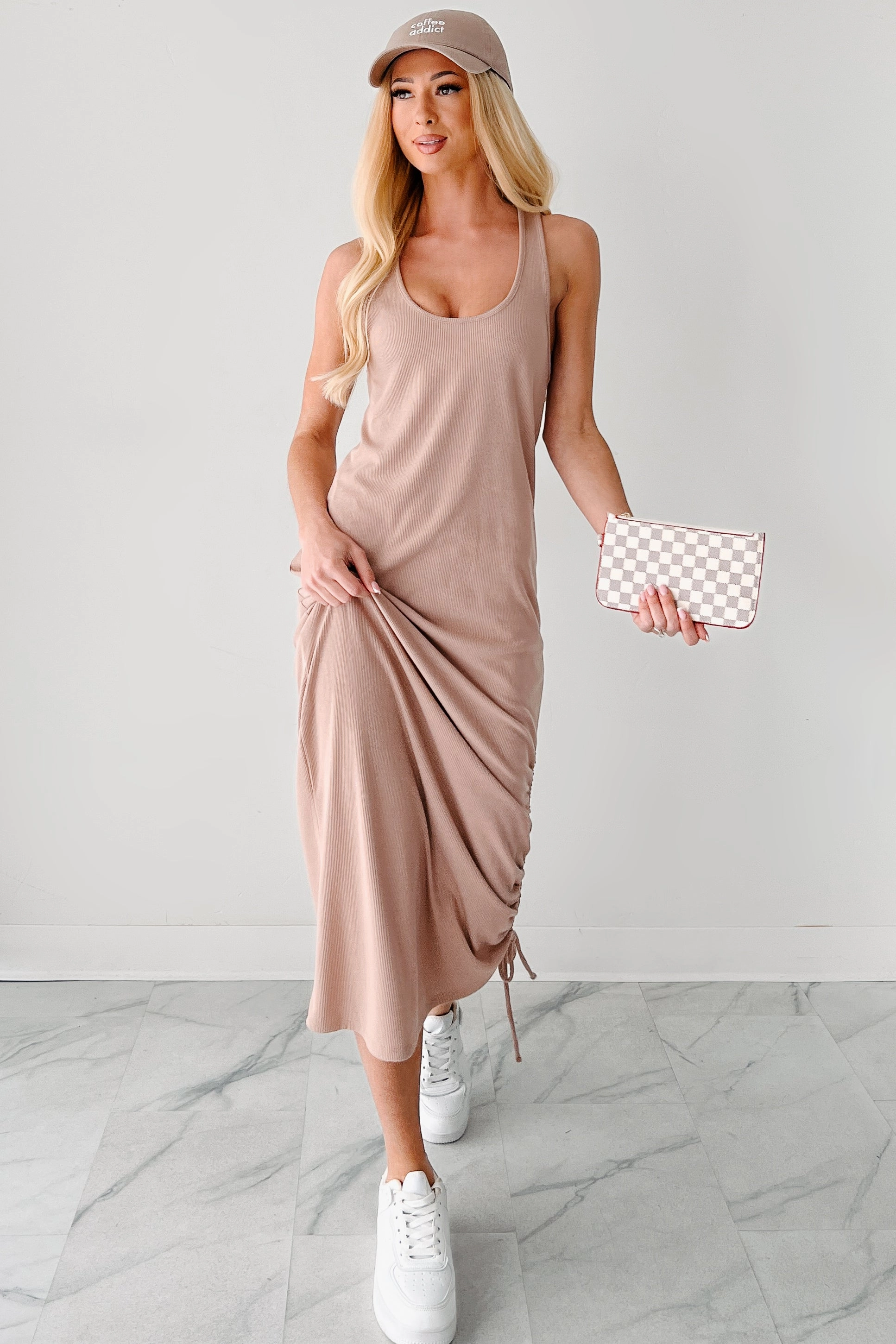 Elegant Waistband Fit On Chill Mode Twist Back Ribbed Midi Dress (Dark Taupe)
