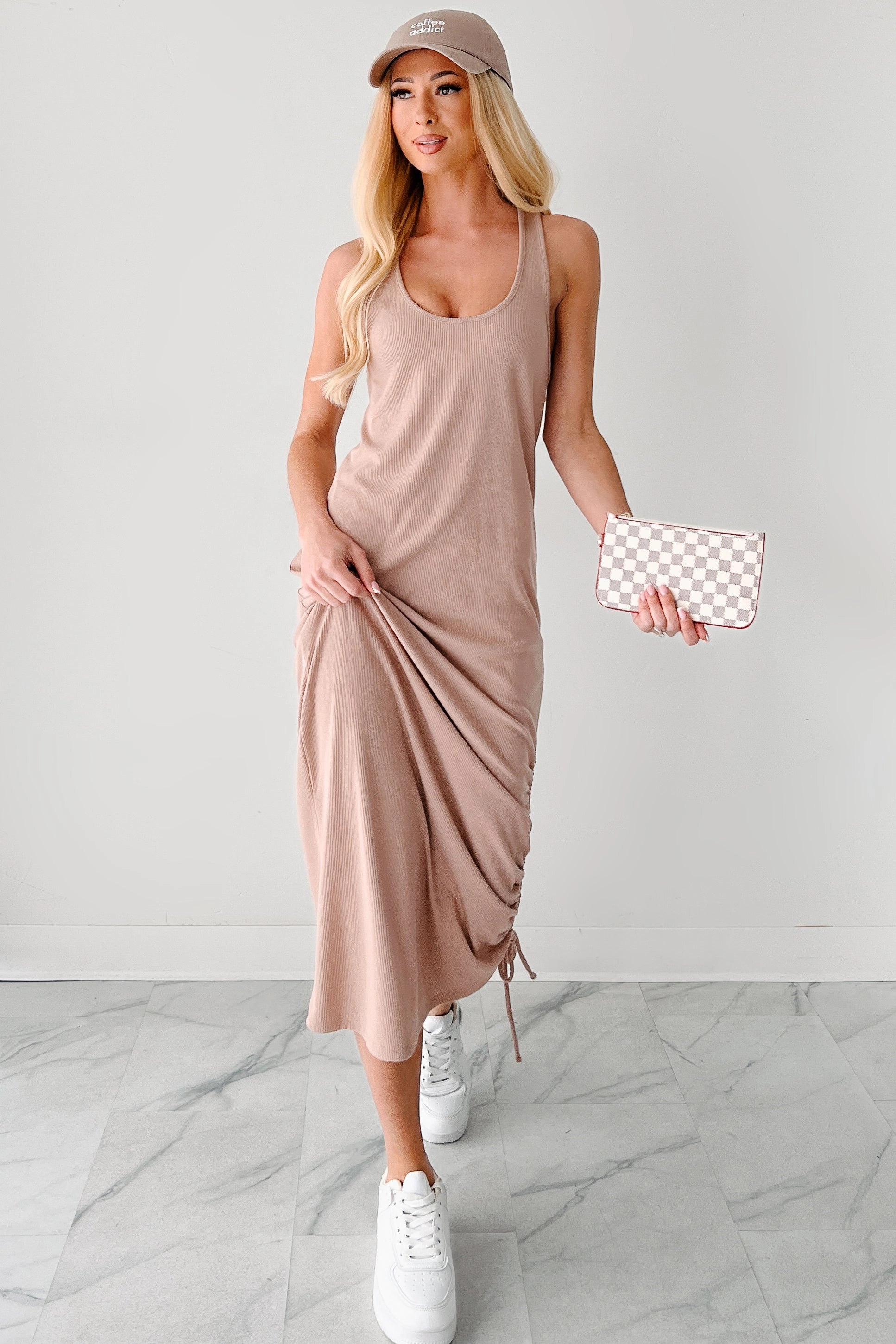 Natural Drape On Chill Mode Twist Back Ribbed Midi Dress (Dark Taupe)
