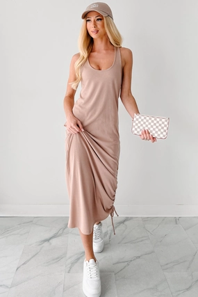 On Chill Mode Twist Back Ribbed Midi Dress (Dark Taupe) Sleek Motion
