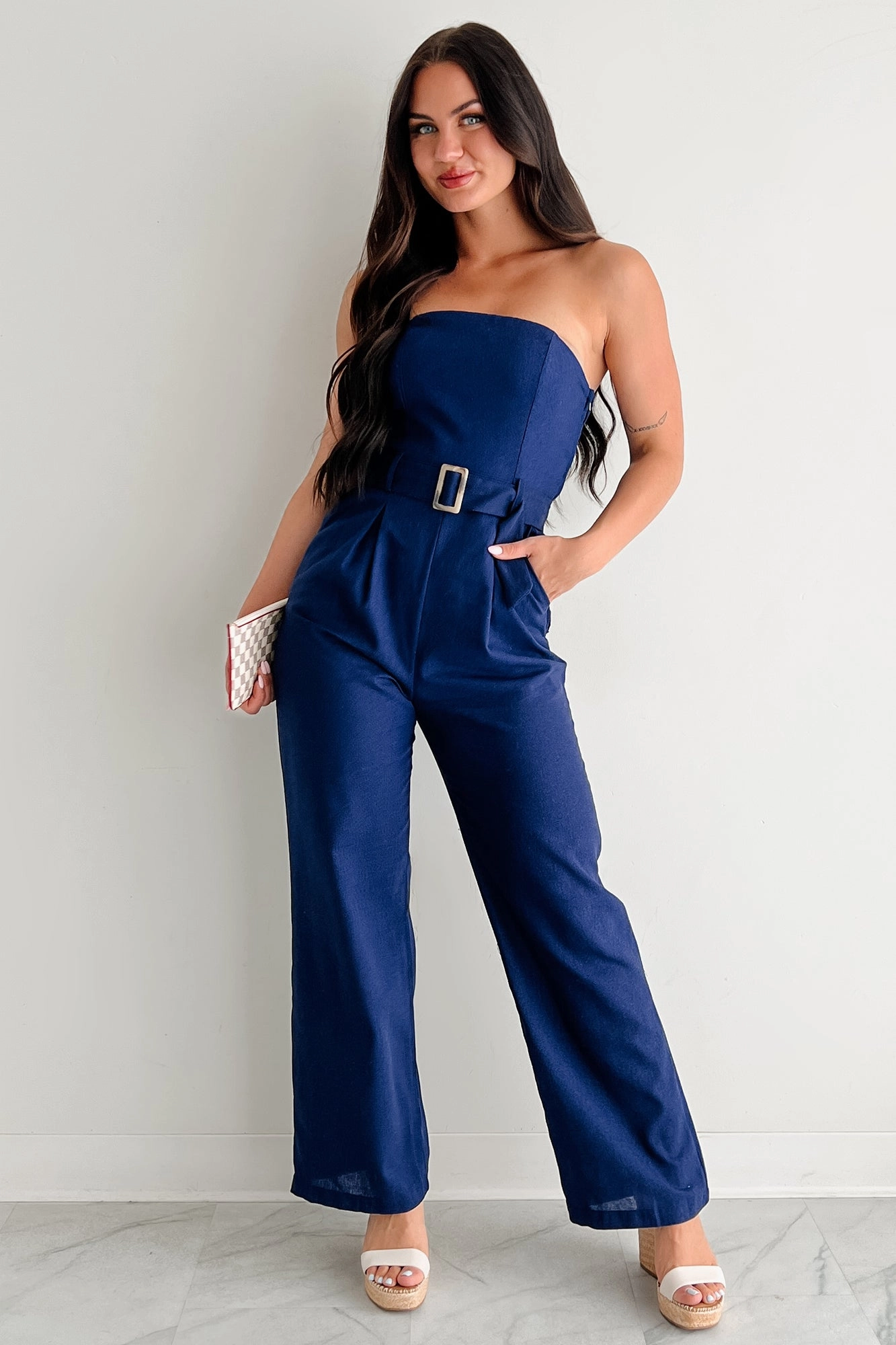 Contrast-Lining Shared Moment One More Page Strapless Belted Jumpsuit (Navy)