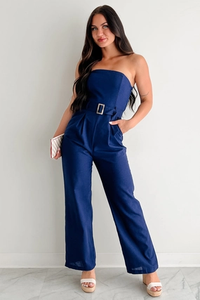 One More Page Strapless Belted Jumpsuit (Navy) Pose Sweet Pleat Breeze