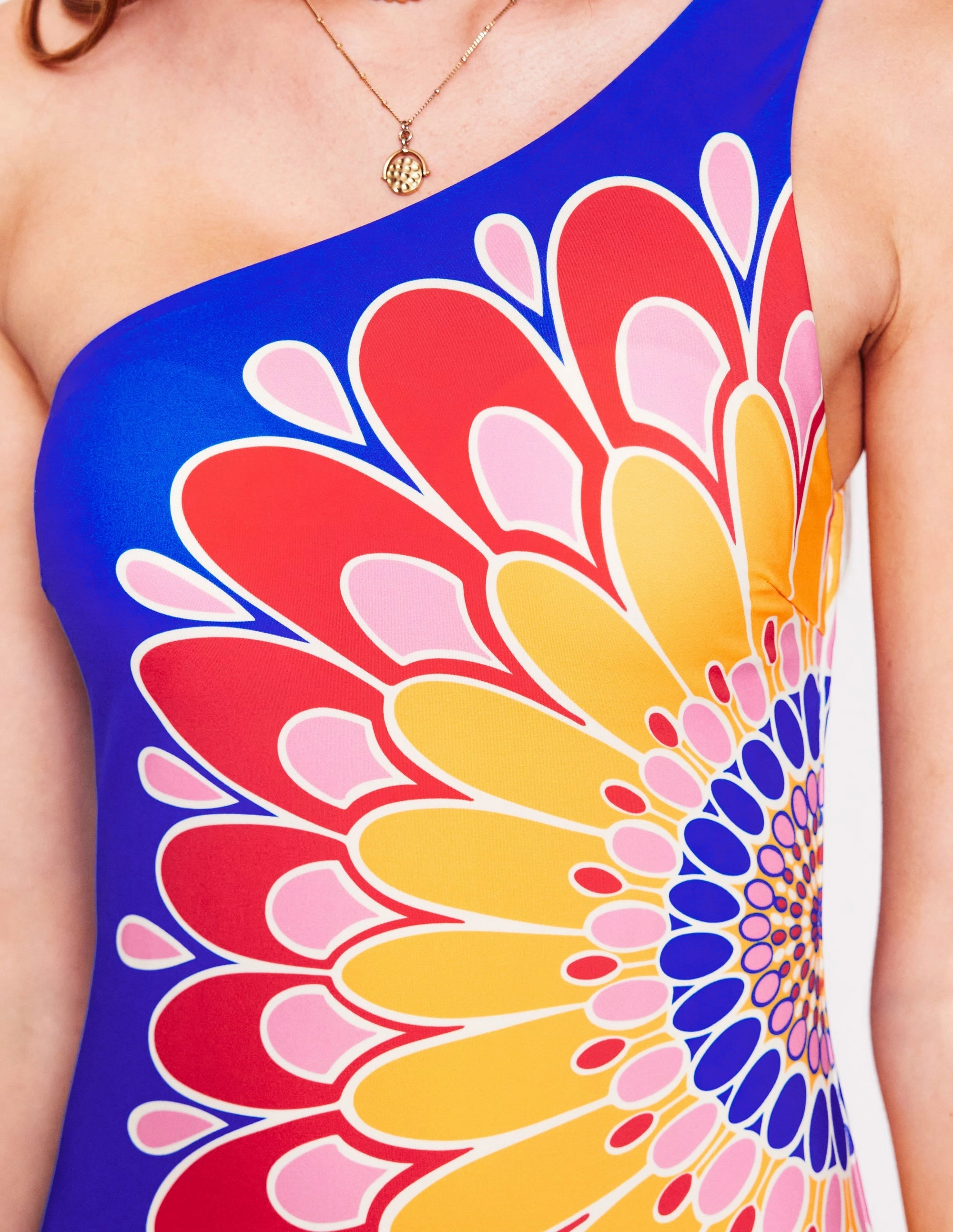 Earthy-Tone Vibrant Patterns One Shoulder Swimsuit-Blue, Artisan Petal
