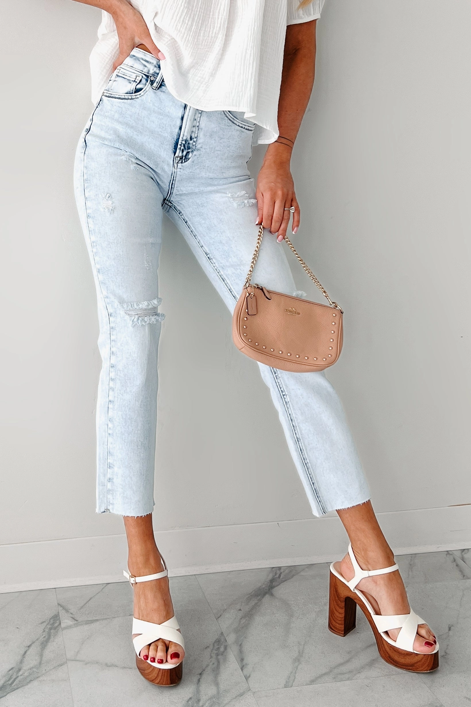 Minimalist Aesthetic AntiSnag Fabric Opal High Rise Distressed Slim Straight Risen Jeans (Acid Light)
