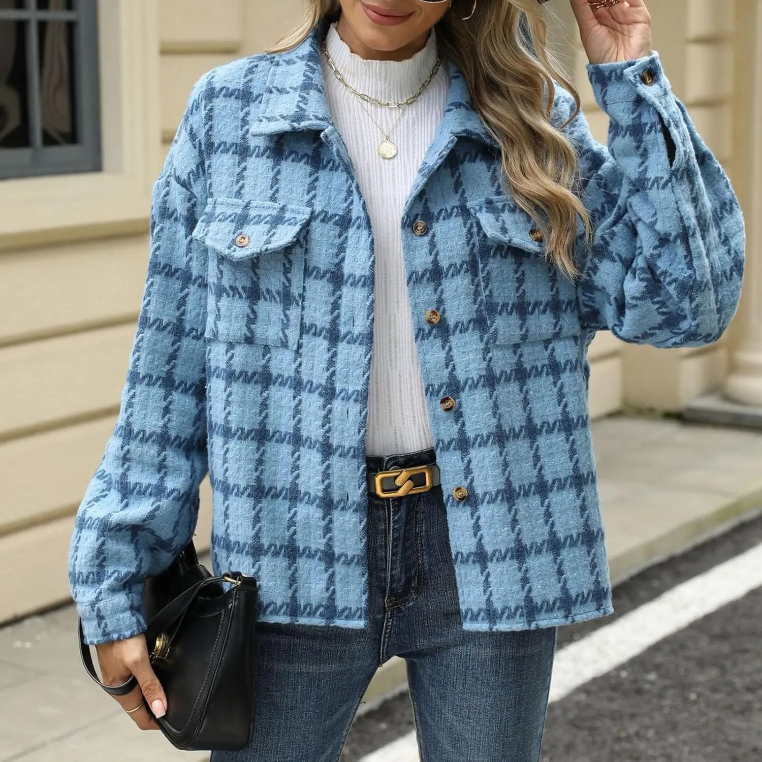 Oplxuo Womens Plaid Jackets Trendy Wool Blend Shacket Shirts Elegant Lapel Long Sleeve Button Down Coats with Chest Pockets