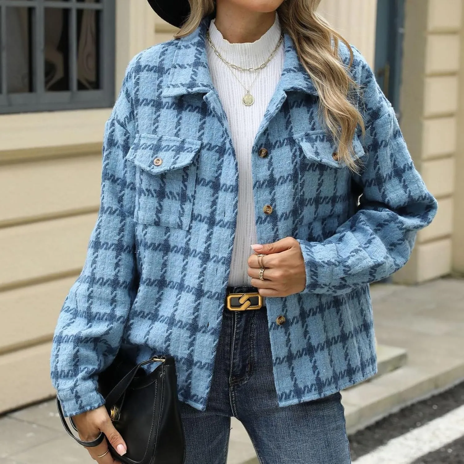 Oplxuo Womens Plaid Jackets Trendy Wool Blend Shacket Shirts Elegant Lapel Long Sleeve Button Down Coats with Chest Pockets