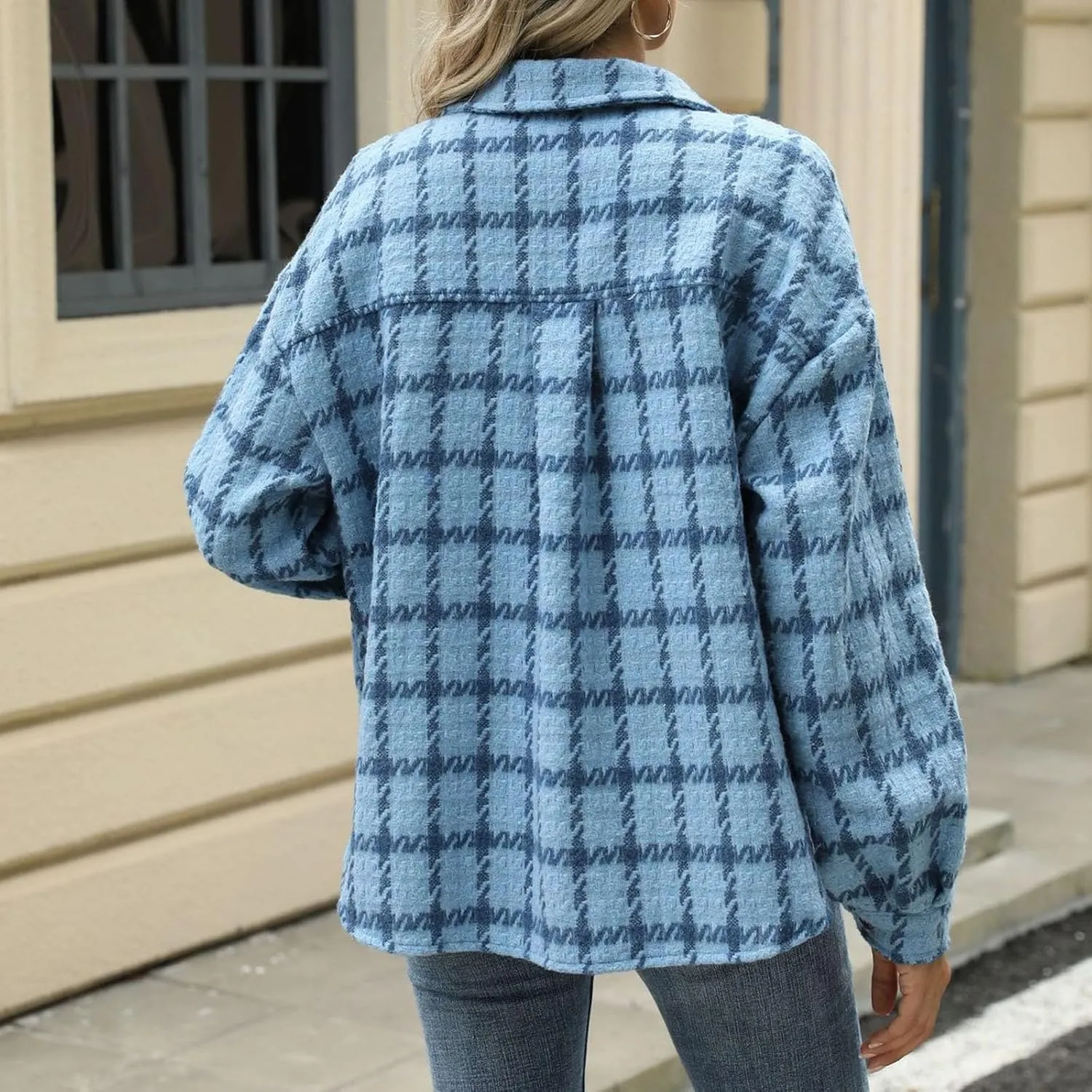 Oplxuo Womens Plaid Jackets Trendy Wool Blend Shacket Shirts Elegant Lapel Long Sleeve Button Down Coats with Chest Pockets