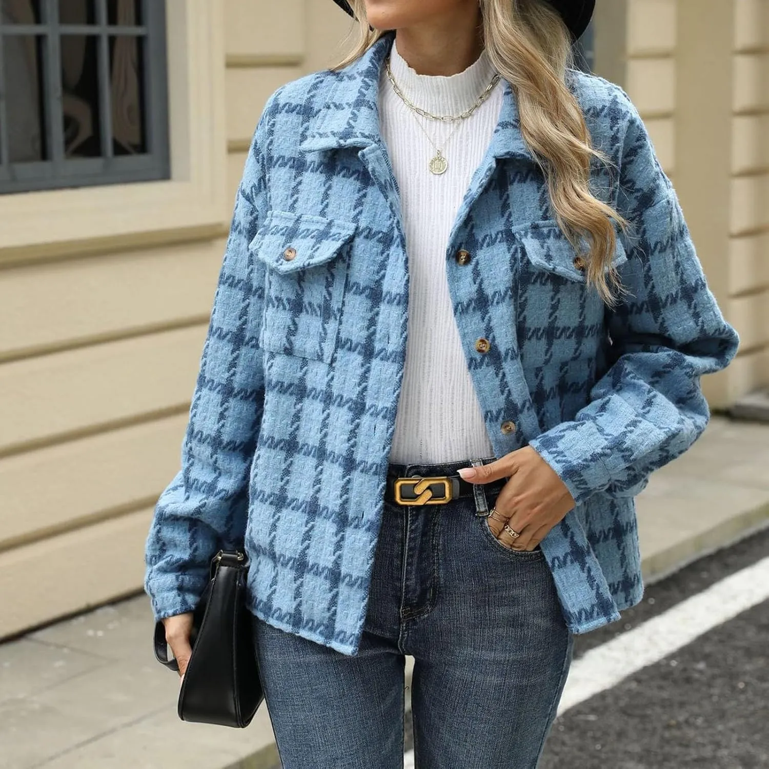 Oplxuo Womens Plaid Jackets Trendy Wool Blend Shacket Shirts Elegant Lapel Long Sleeve Button Down Coats with Chest Pockets