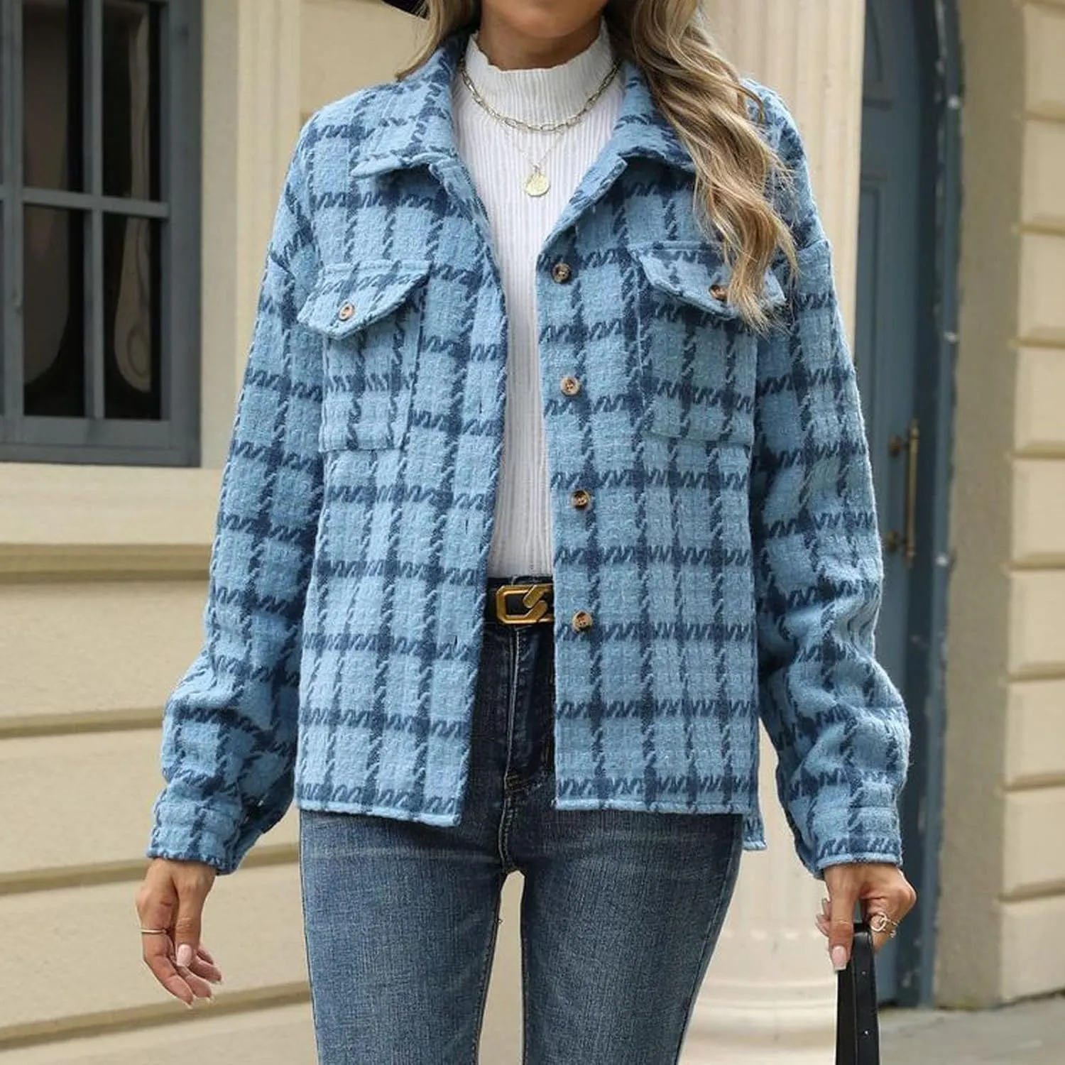 Oplxuo Womens Plaid Jackets Trendy Wool Blend Shacket Shirts Elegant Lapel Long Sleeve Button Down Coats with Chest Pockets