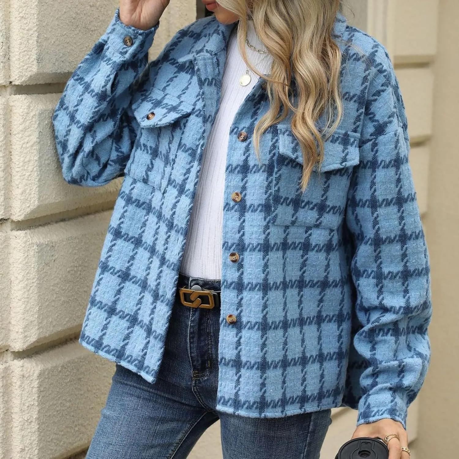 Oplxuo Womens Plaid Jackets Trendy Wool Blend Shacket Shirts Elegant Lapel Long Sleeve Button Down Coats with Chest Pockets