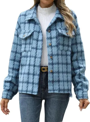 Oplxuo Womens Plaid Jackets Trendy Wool Blend Shacket Shirts Elegant Lapel Long Sleeve Button Down Coats with Chest Pockets