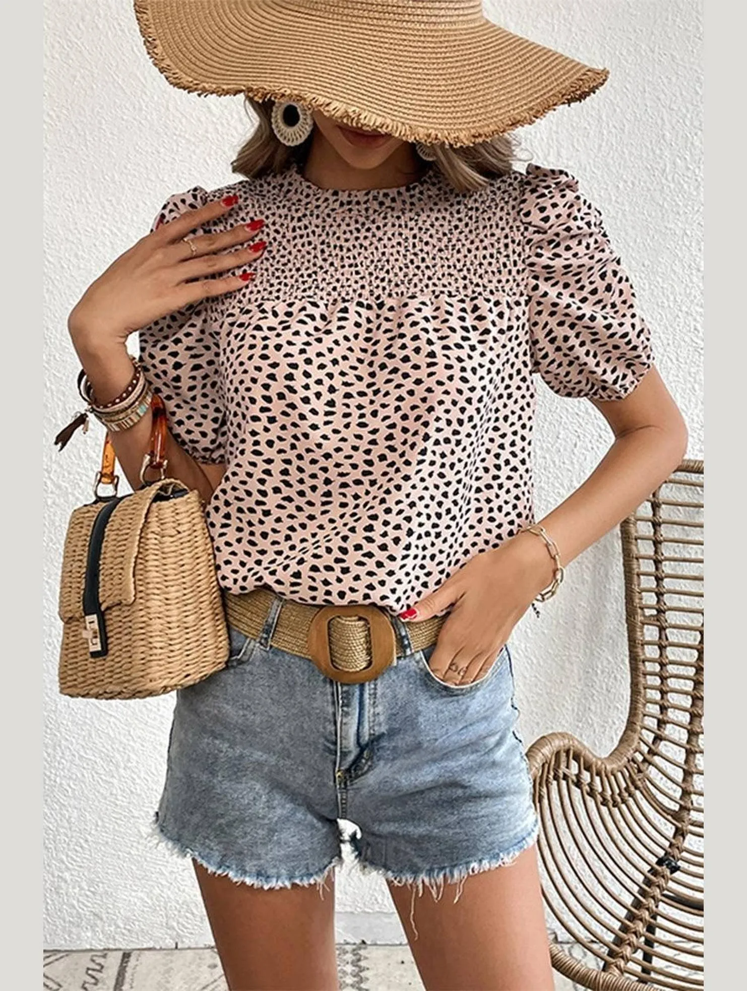 LEOPARD PRINTING SHORT PUFF SLEEVE WOMEN T SHIRT Tagless Neckline Odor Resistant Finish