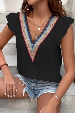 MULTICOLOR LACE V NECK RUFFLE SHORT SLEEVE TOP Durable Reinforced Shoulders AntiBacterial Coating