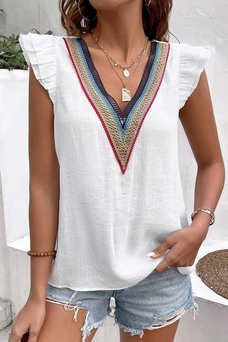 FlatlockSeamTechnique MoistureWickingMaterial MULTICOLOR LACE V NECK RUFFLE SHORT SLEEVE TOP