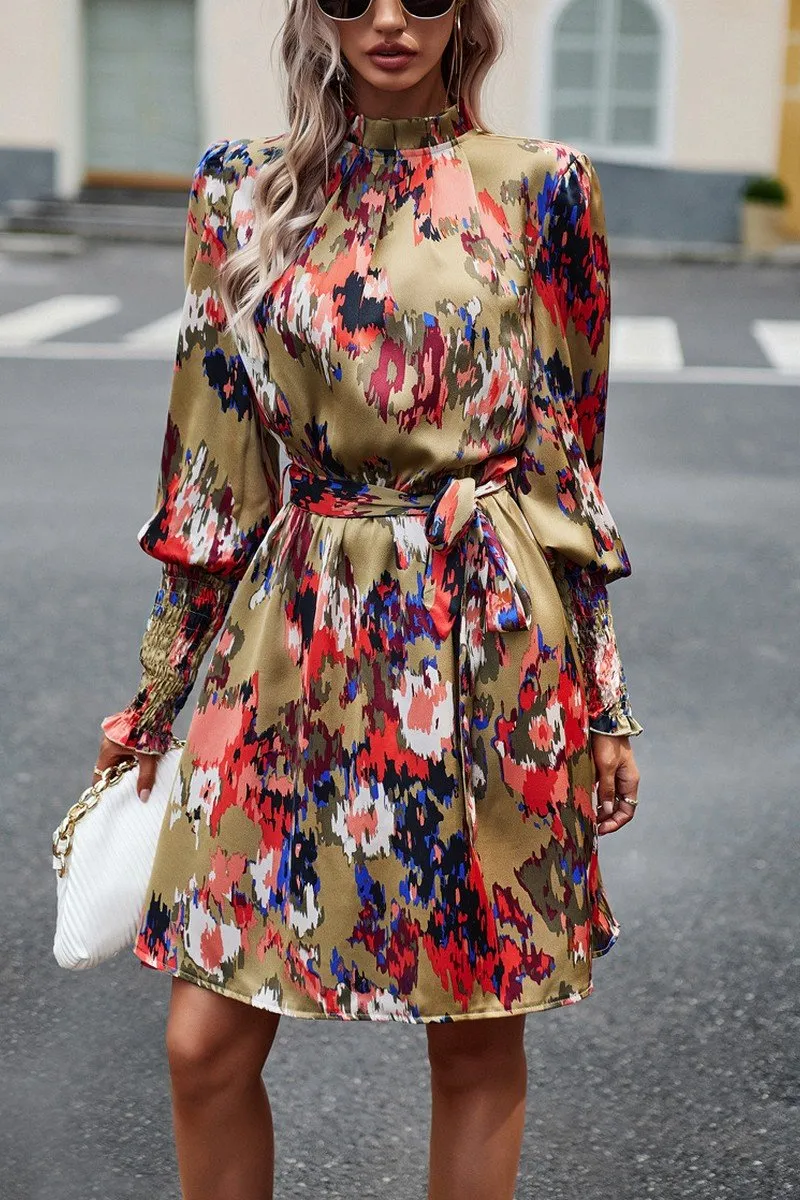 WOMEN SHIRRED HIGH NECK BELTED PRINTING DRESS Chic Look