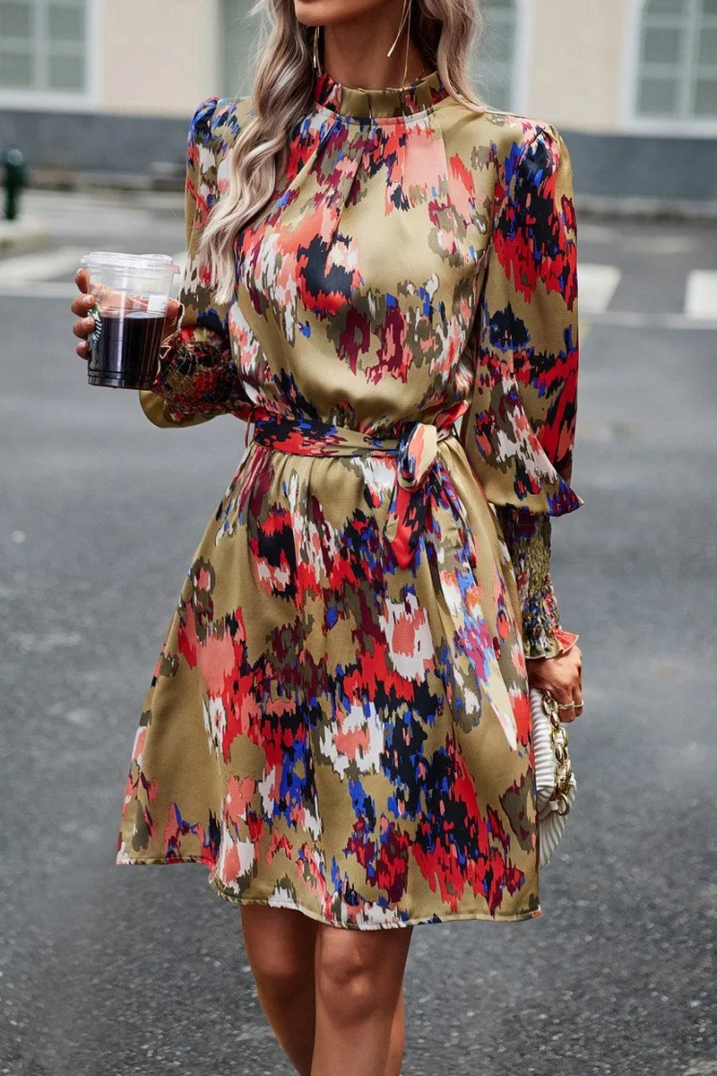 WOMEN SHIRRED HIGH NECK BELTED PRINTING DRESS Mesh-Sleeve