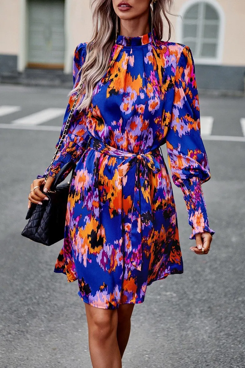 WOMEN SHIRRED HIGH NECK BELTED PRINTING DRESS Bless Glow