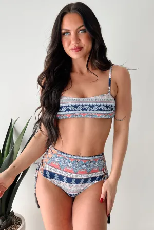 Stylish Prints Stretchable Fit Out Of Your Depth Two Piece Tassel Bikini (Navy/Peach)