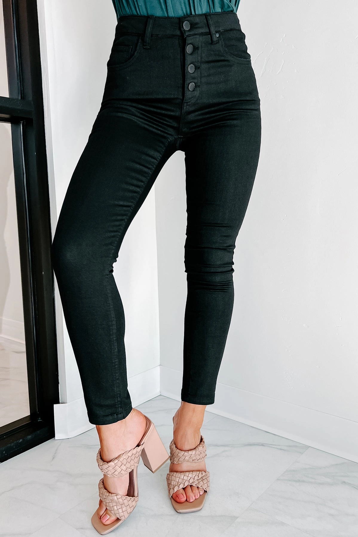 RaglanSleeve Winter Fashion Outdated Thinking High Rise Button-Fly Risen Skinny Jeans (Black)