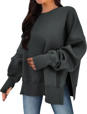 Oversized Crewneck Sweatshirts Women Side Slit Sweatshirt Cute Y2k Tops Preppy Long Sleeve Sweatshirt with Thumb Holes