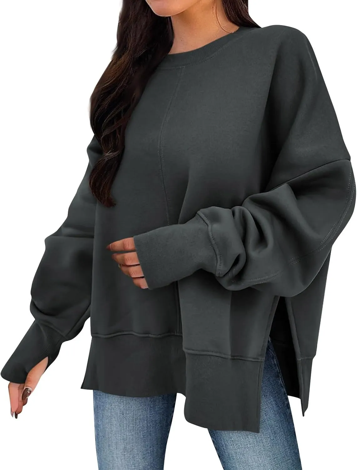 Oversized Crewneck Sweatshirts Women Side Slit Sweatshirt Cute Y2k Tops Preppy Long Sleeve Sweatshirt with Thumb Holes