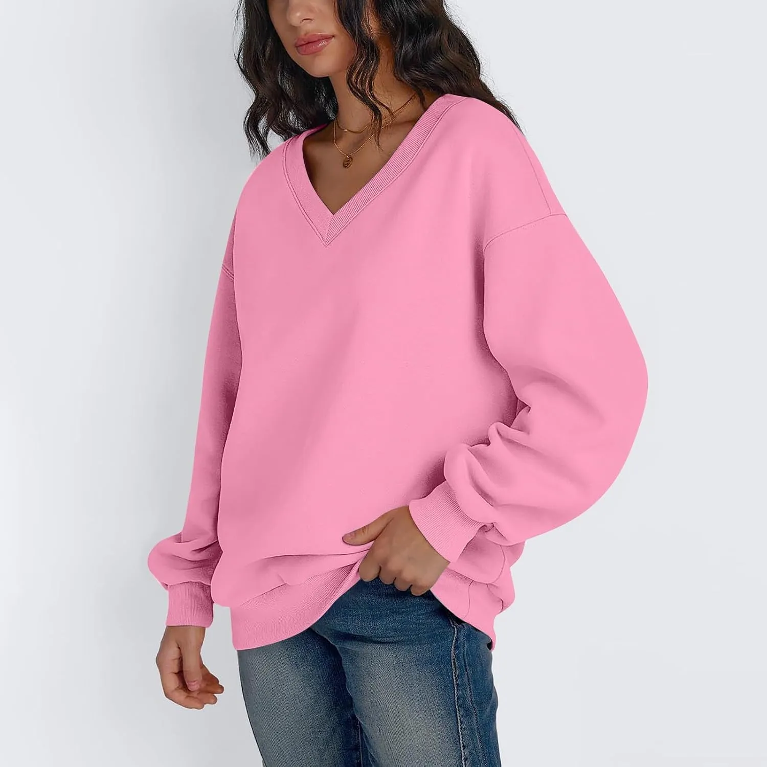 Oversized V Neck Sweatshirt Women Cozy Long Sleeve Fleece Hoodies Pullover Casual Sweat Shirts Cute Winter Outfits