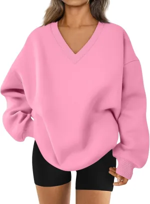 Oversized V Neck Sweatshirt Women Cozy Long Sleeve Fleece Hoodies Pullover Casual Sweat Shirts Cute Winter Outfits