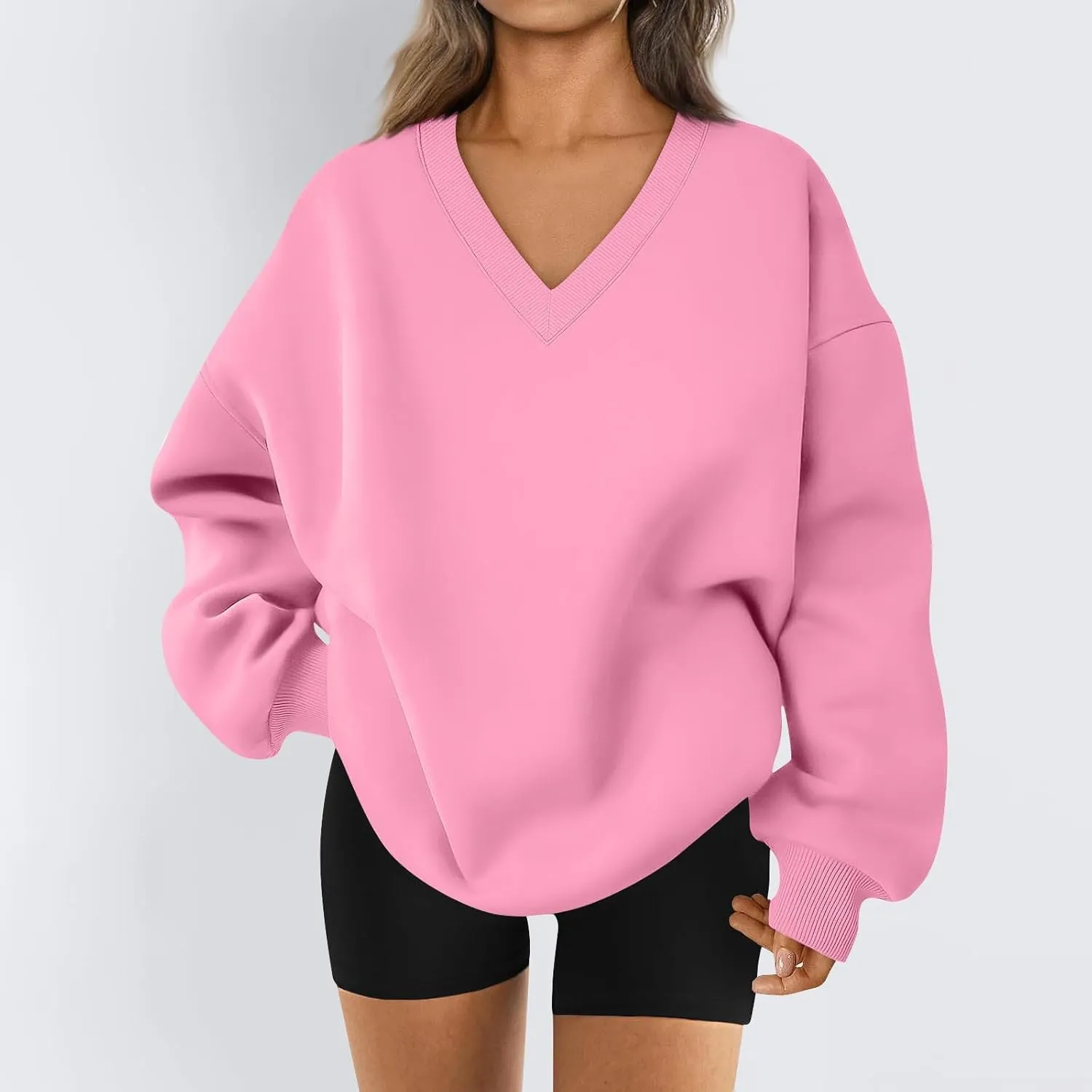 Oversized V Neck Sweatshirt Women Cozy Long Sleeve Fleece Hoodies Pullover Casual Sweat Shirts Cute Winter Outfits