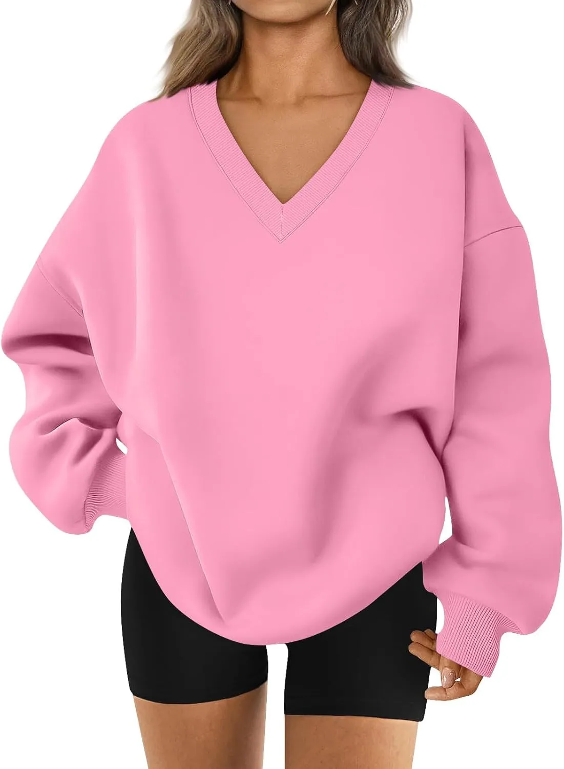 Oversized V Neck Sweatshirt Women Cozy Long Sleeve Fleece Hoodies Pullover Casual Sweat Shirts Cute Winter Outfits