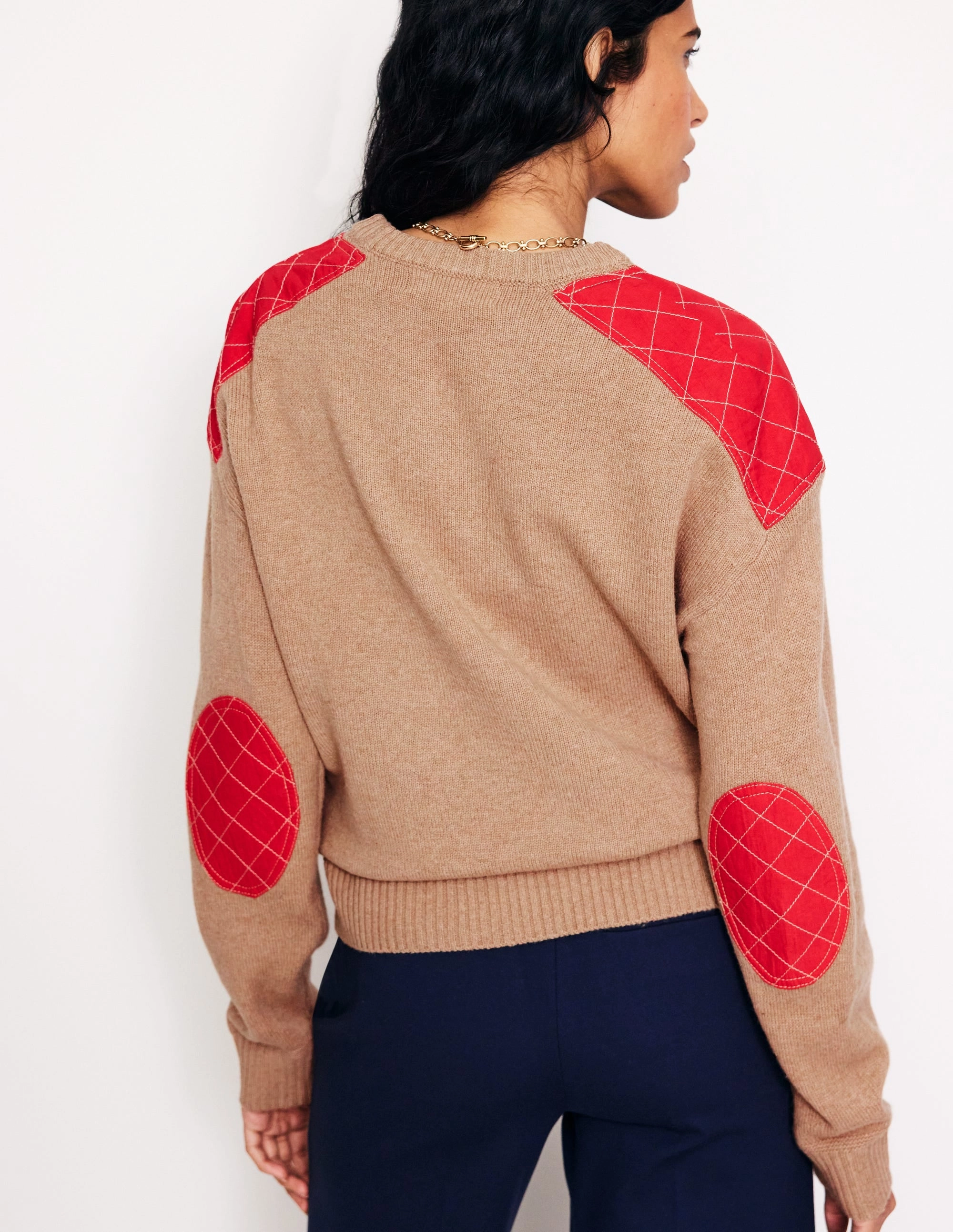 Quilted Patch Jumper-Camel Melange Smooth zipper closure