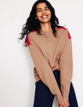 Day Layer Double Layered Collar Quilted Patch Jumper-Camel Melange