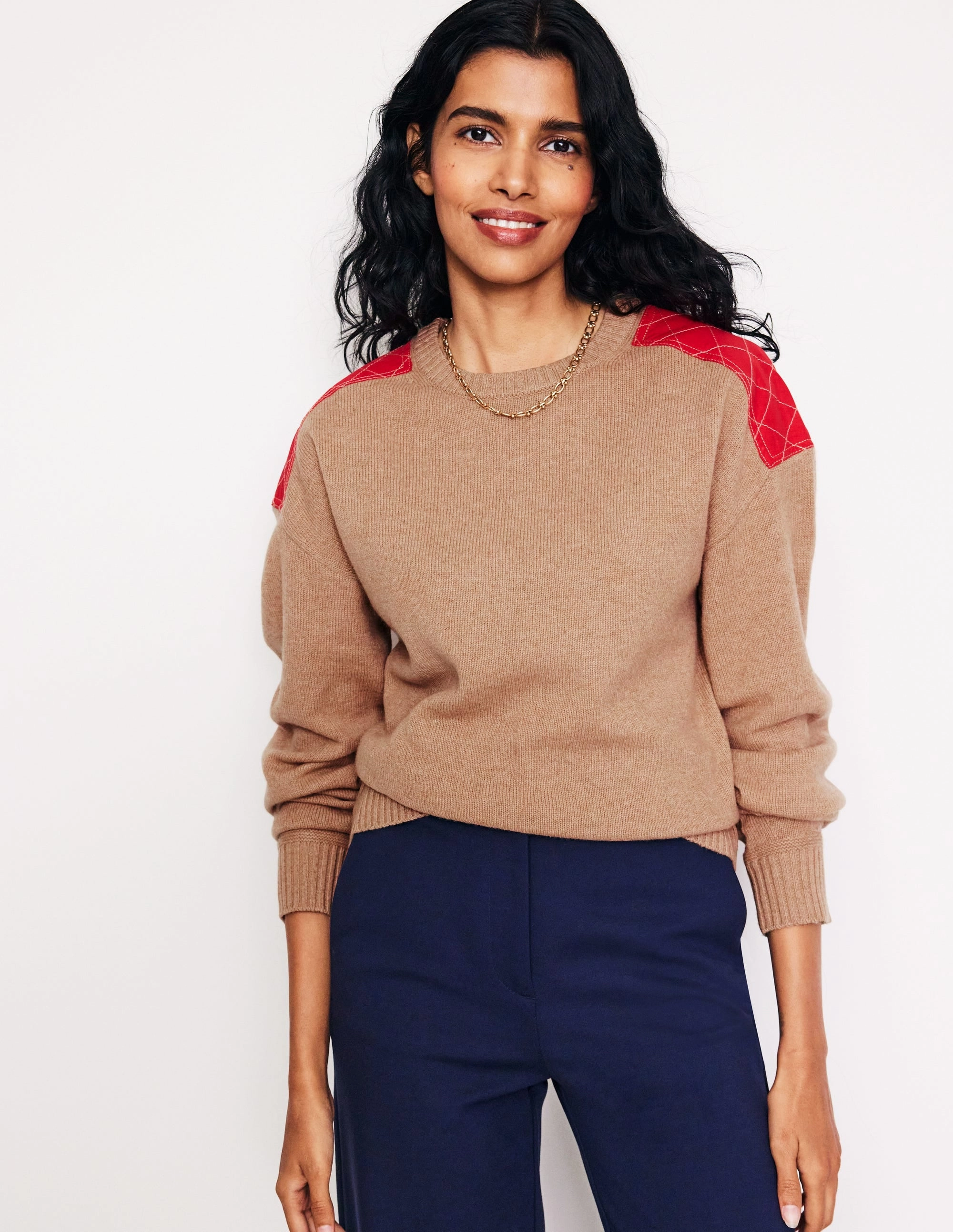 Quilted Patch Jumper-Camel Melange Street Warmth Minimalist Aesthetic