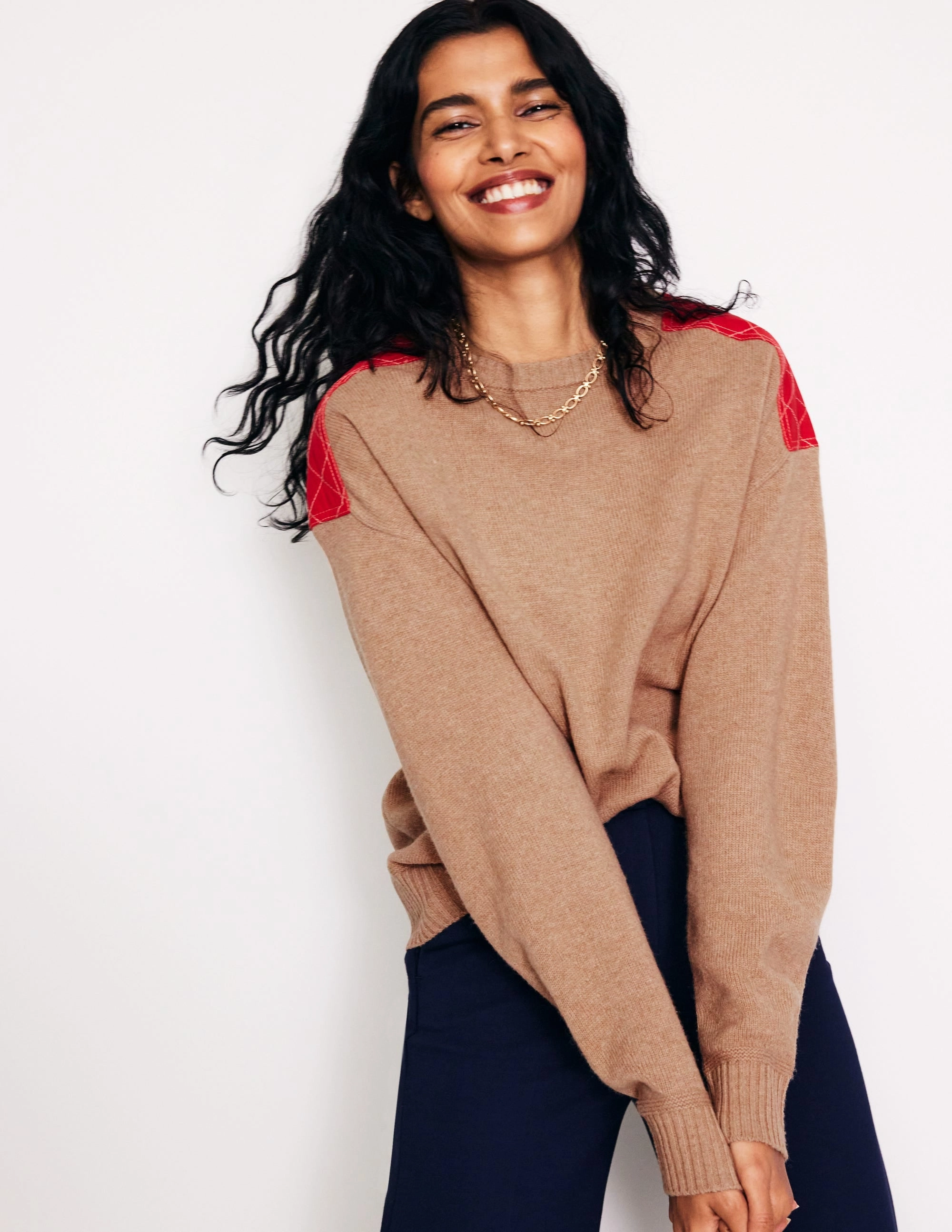 Day Layer Double Layered Collar Quilted Patch Jumper-Camel Melange