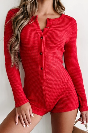 Frosted Mornings Waffle Knit Button-Down Romper (Red) Flexible Ribbed Cuffs Antimicrobial Finish