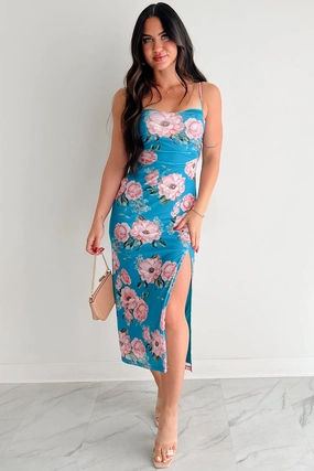 Own The Mood Sleeveless Floral Midi Dress (Teal) Bless Touch