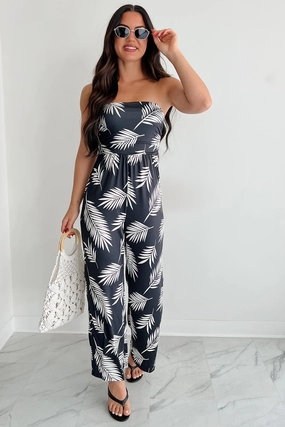 Effortless Look Fresh Motion Palm Plans Strapless Leaf Print Jumpsuit (Black)