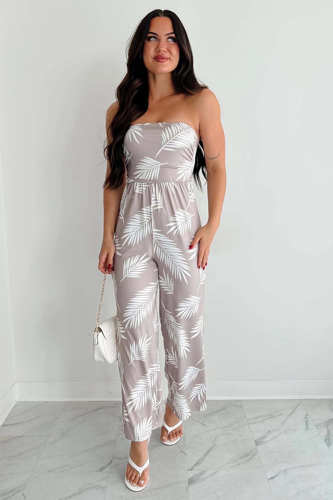 Palm Plans Strapless Leaf Print Jumpsuit (Taupe) Inclusive Fit