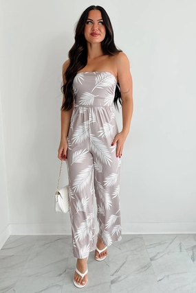 Palm Plans Strapless Leaf Print Jumpsuit (Taupe) Inclusive Fit