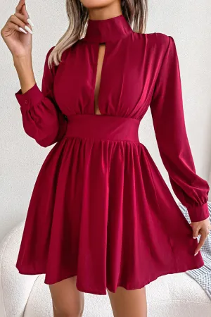 WOMEN FRONT CUT OUT DETAILED HIGH NECK DRESS Chic Tailoring Waist Airy Fabric