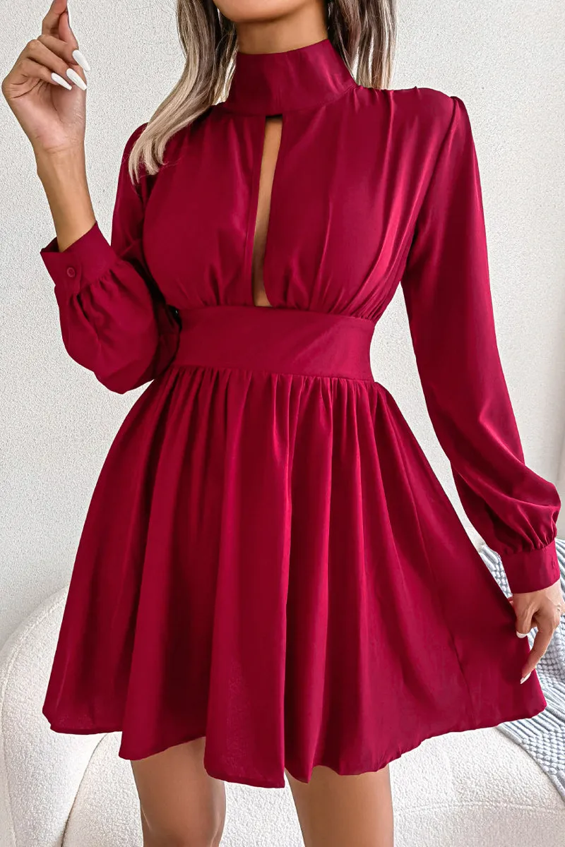 warm tones WOMEN FRONT CUT OUT DETAILED HIGH NECK DRESS
