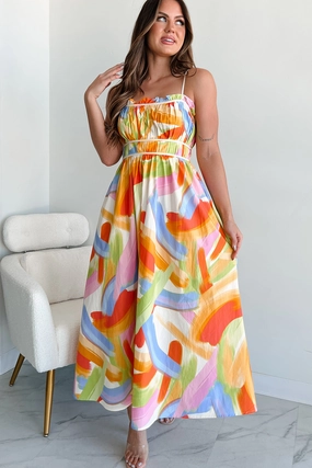 Passionate Response Printed Maxi Dress (White/Blue/Yellow) Bust-Enhancing