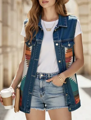PATTERN BLOCK BUTTON DOWN CASUAL DENIM VEST DropShoulderConstruction Odor Resistant Treatment