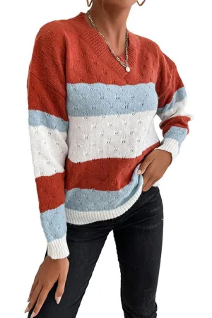 PATTERN KNIT STRIPE CASUAL SWEATER TOP ConvertibleSleeves