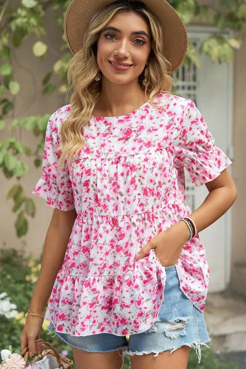 Natural Fiber Blend PATTERNED LOUND NECK CAKE CHIFFON TOP